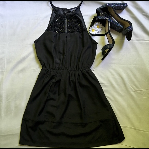 Express Black Dress with Bead and Sequin Neckline - Picture 4 of 8